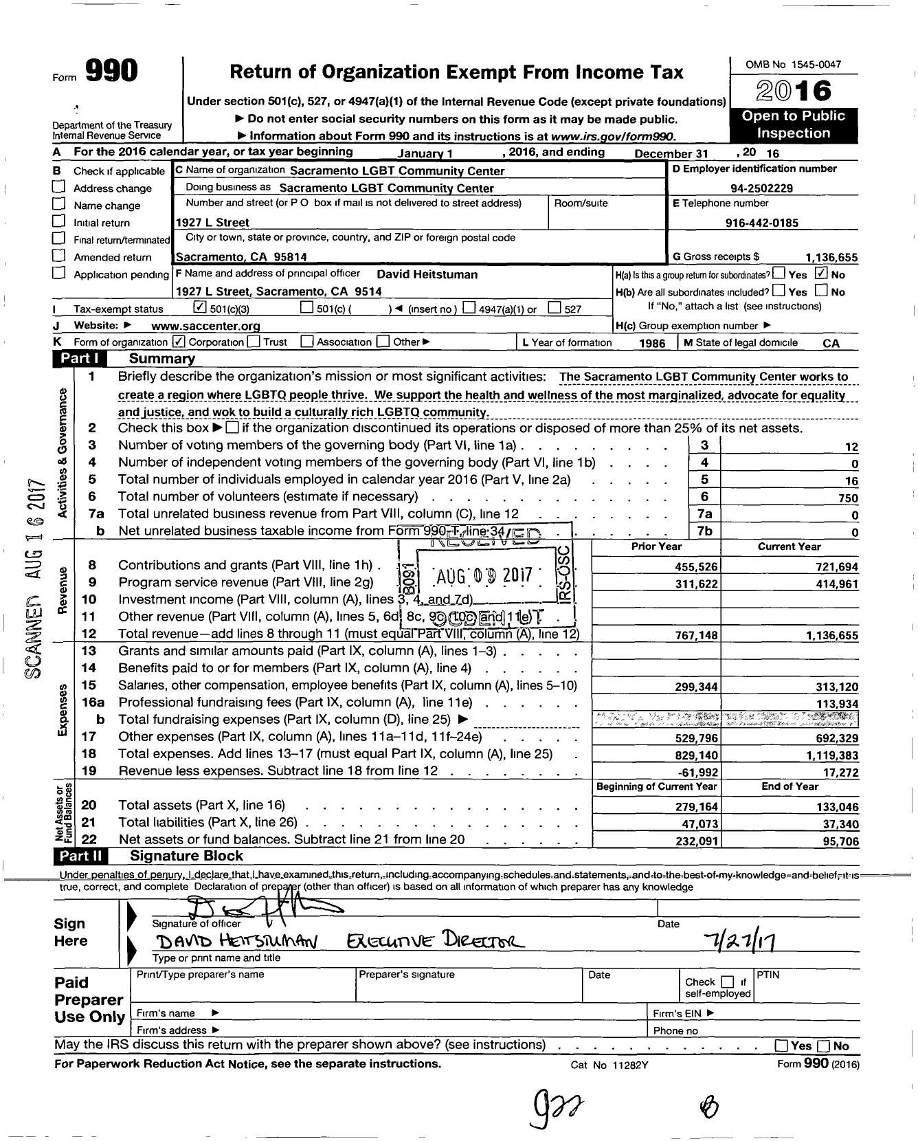 Image of first page of 2016 Form 990 for Sacramento LGBT Community Center