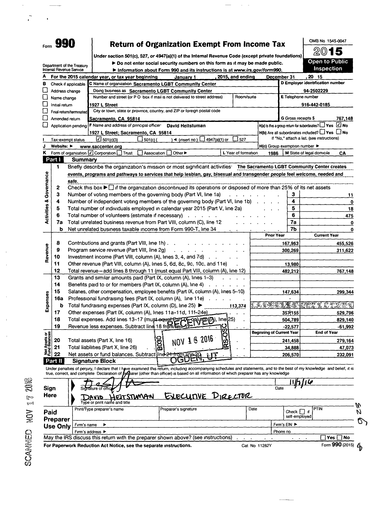 Image of first page of 2015 Form 990 for Sacramento LGBT Community Center