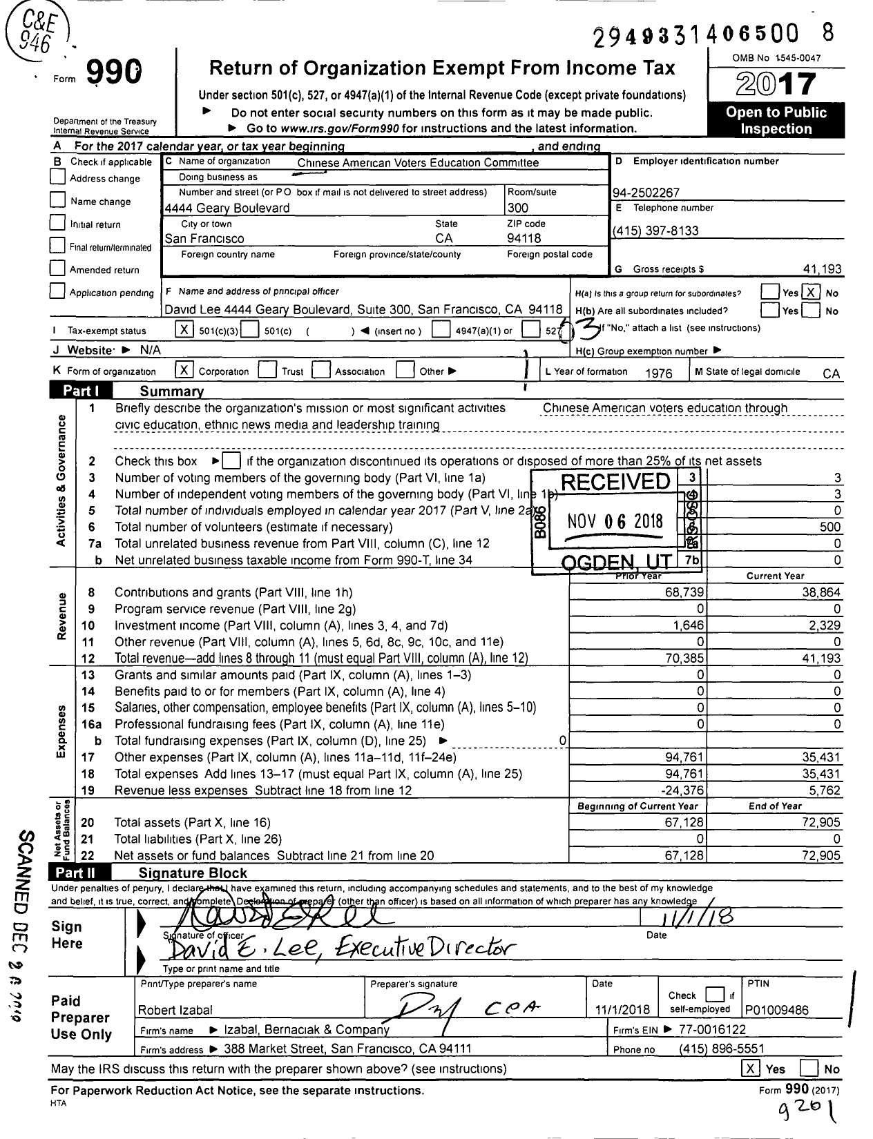 Image of first page of 2017 Form 990 for Chinese American Voters Education Committee