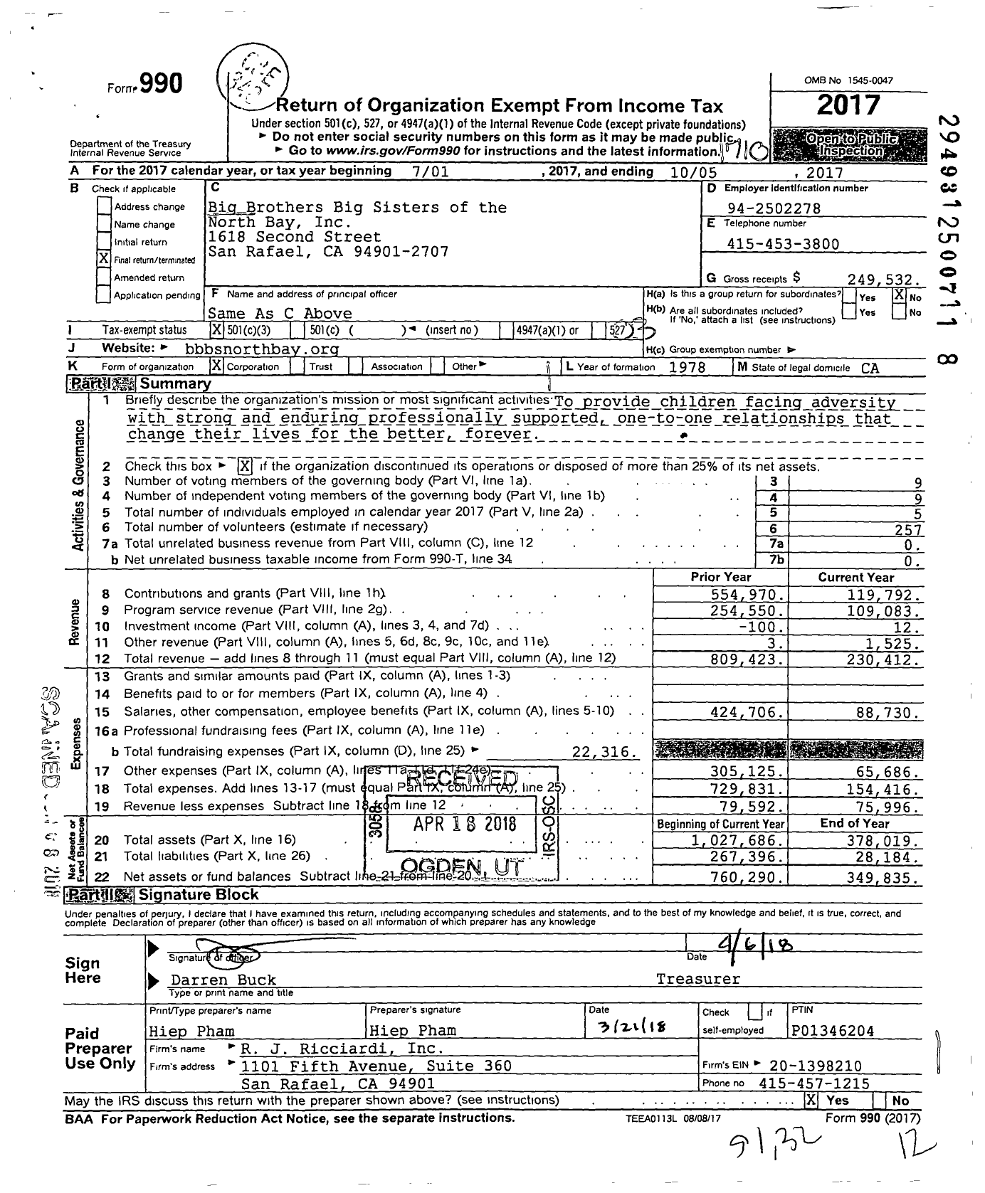 Image of first page of 2016 Form 990 for Big Brothers Big Sisters of the North Bay