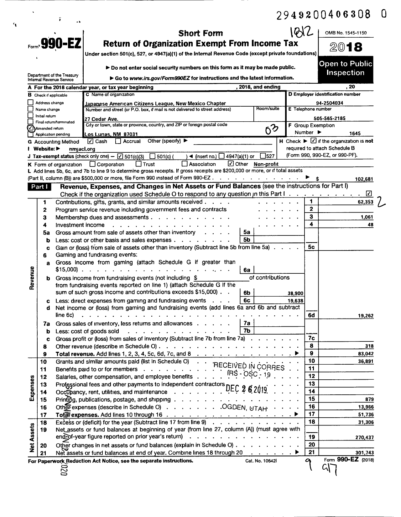 Image of first page of 2018 Form 990EZ for JAPANESE AMERICAN CITIZENS LEAGUE New Mexico Chapter