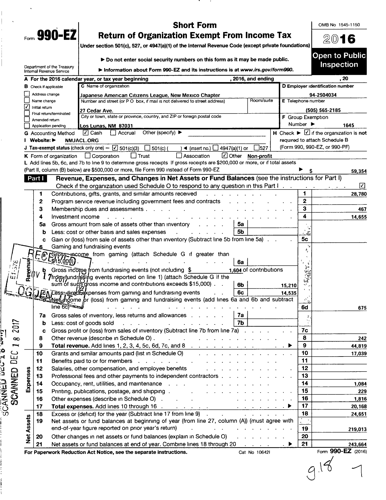 Image of first page of 2016 Form 990EZ for JAPANESE AMERICAN CITIZENS LEAGUE New Mexico Chapter