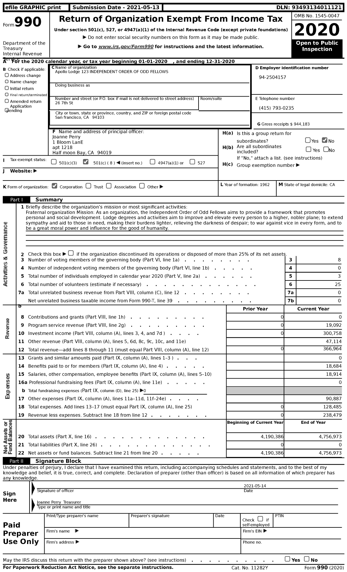 Image of first page of 2020 Form 990 for INDEPENDENT Order OF Odd Fellows - 123 Apollo Lodge