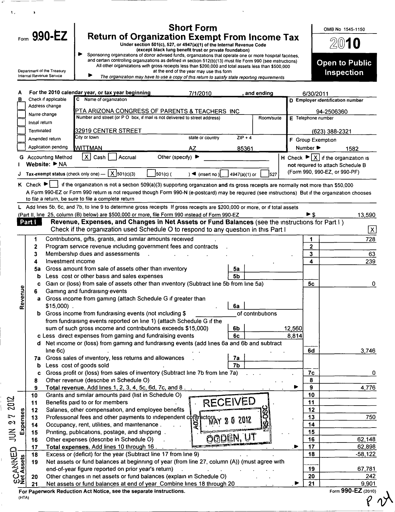 Image of first page of 2010 Form 990EZ for PTA Arizona Congress of Parents and Teachers / Nadaburg Ptsa