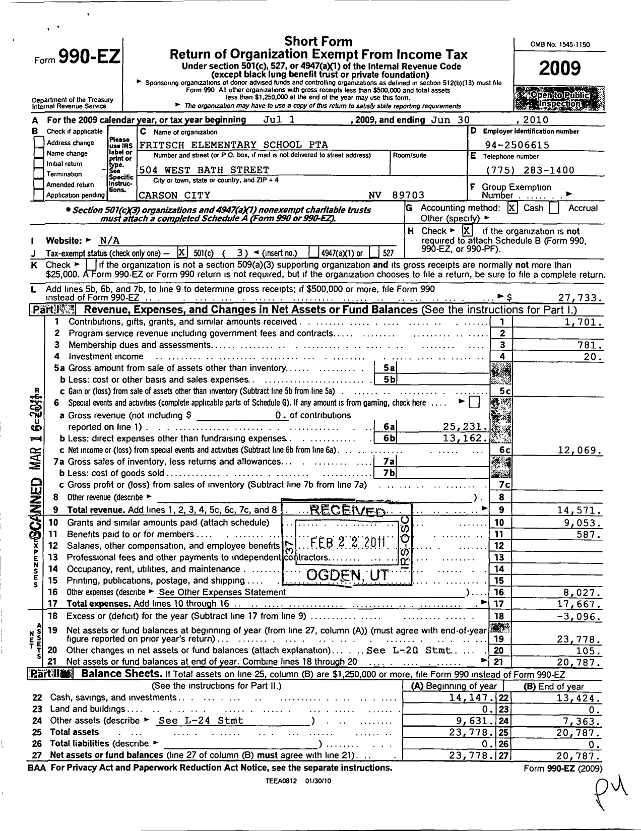 Image of first page of 2009 Form 990EZ for PTA Nevada Congress / Edith W Fritsch PTA