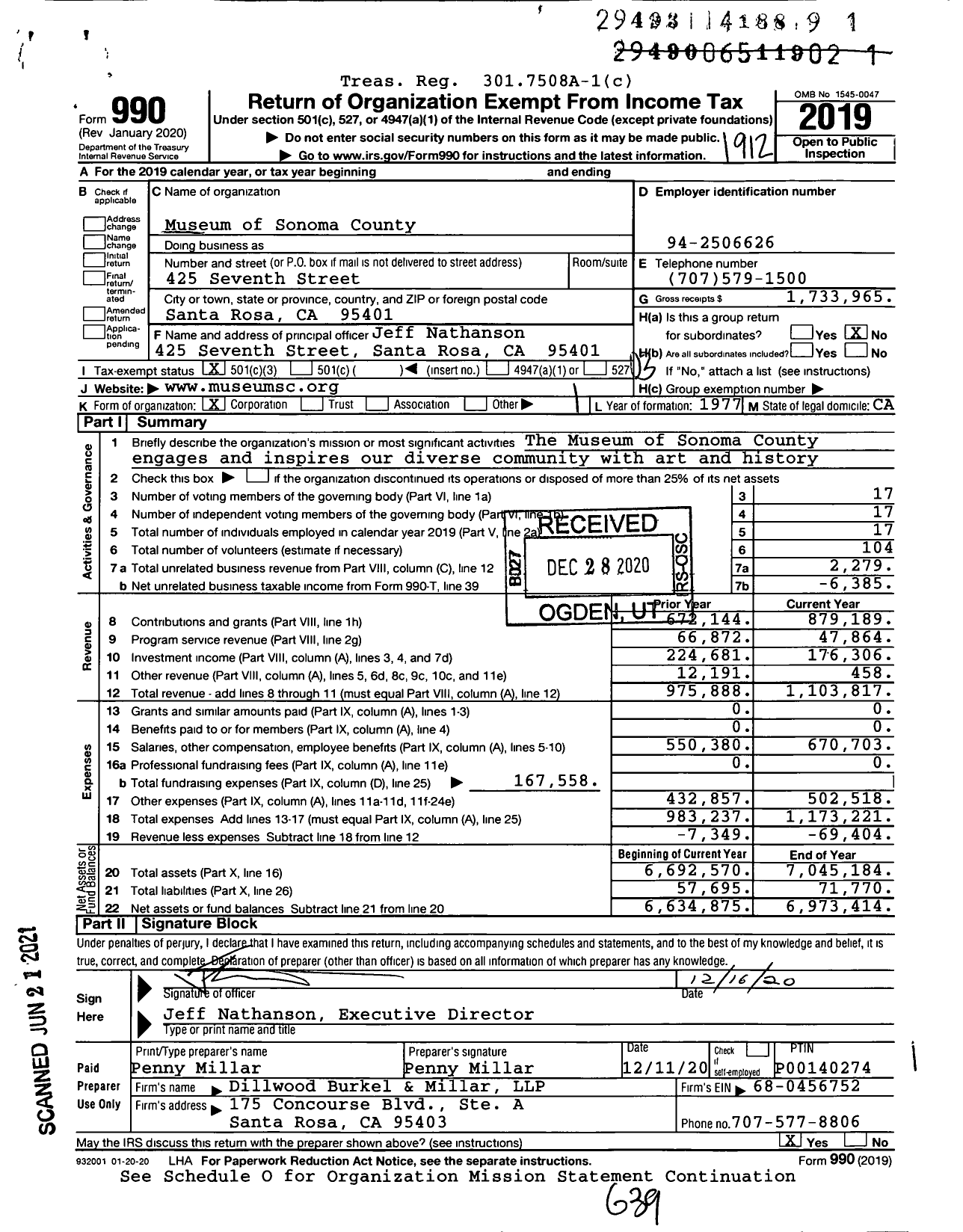 Image of first page of 2019 Form 990 for Museum of Sonoma County