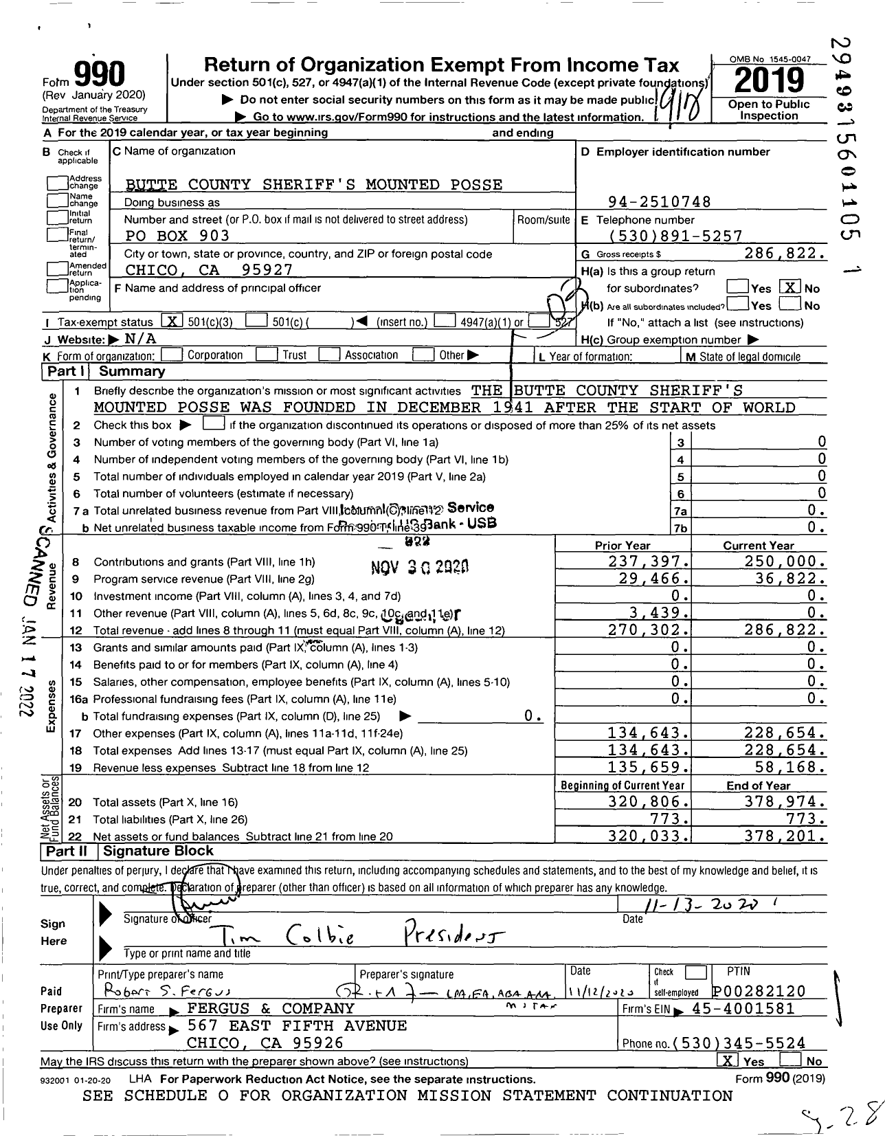 Image of first page of 2019 Form 990 for Butte County Sheriff's Mounted Posse