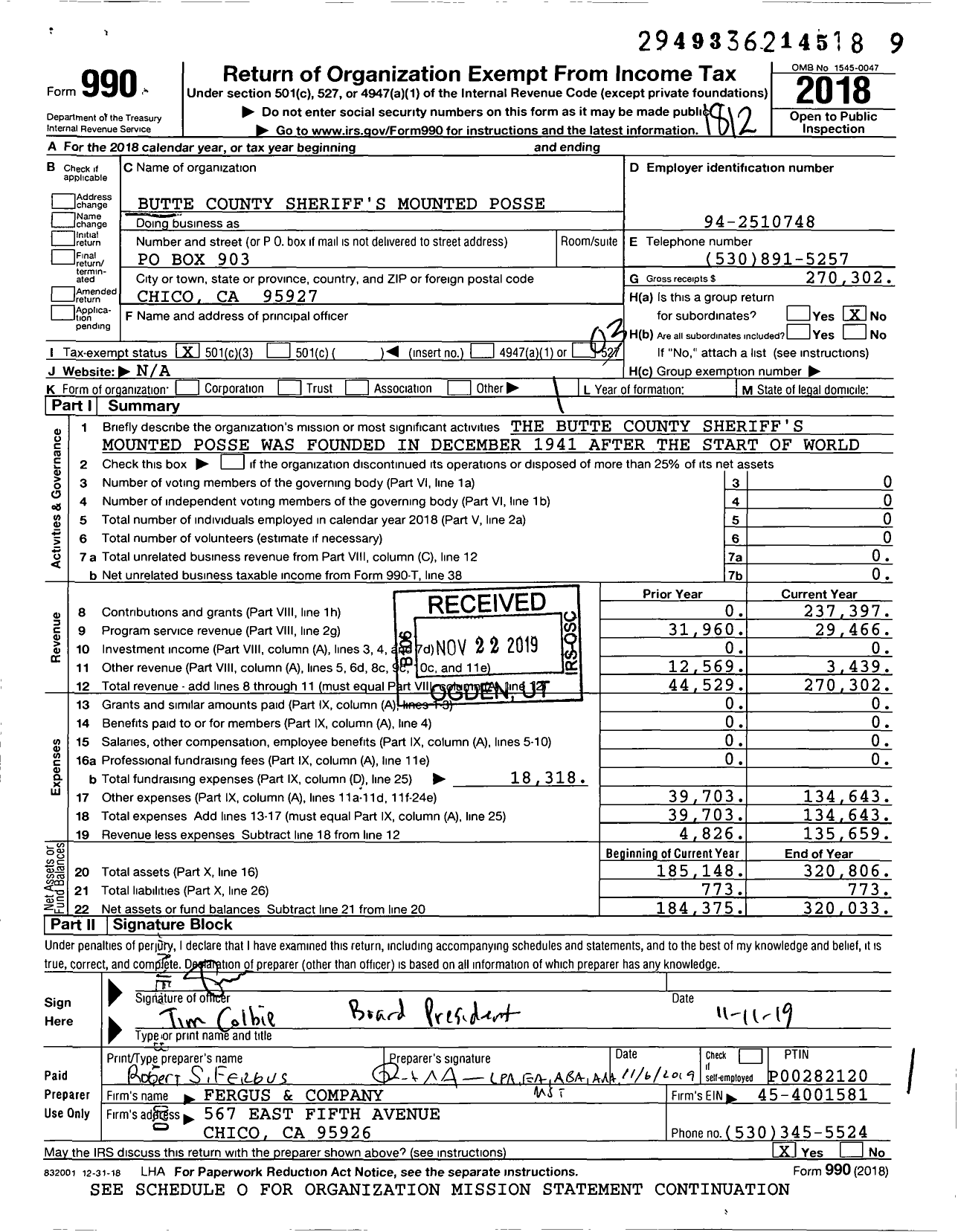 Image of first page of 2018 Form 990 for Butte County Sheriff's Mounted Posse