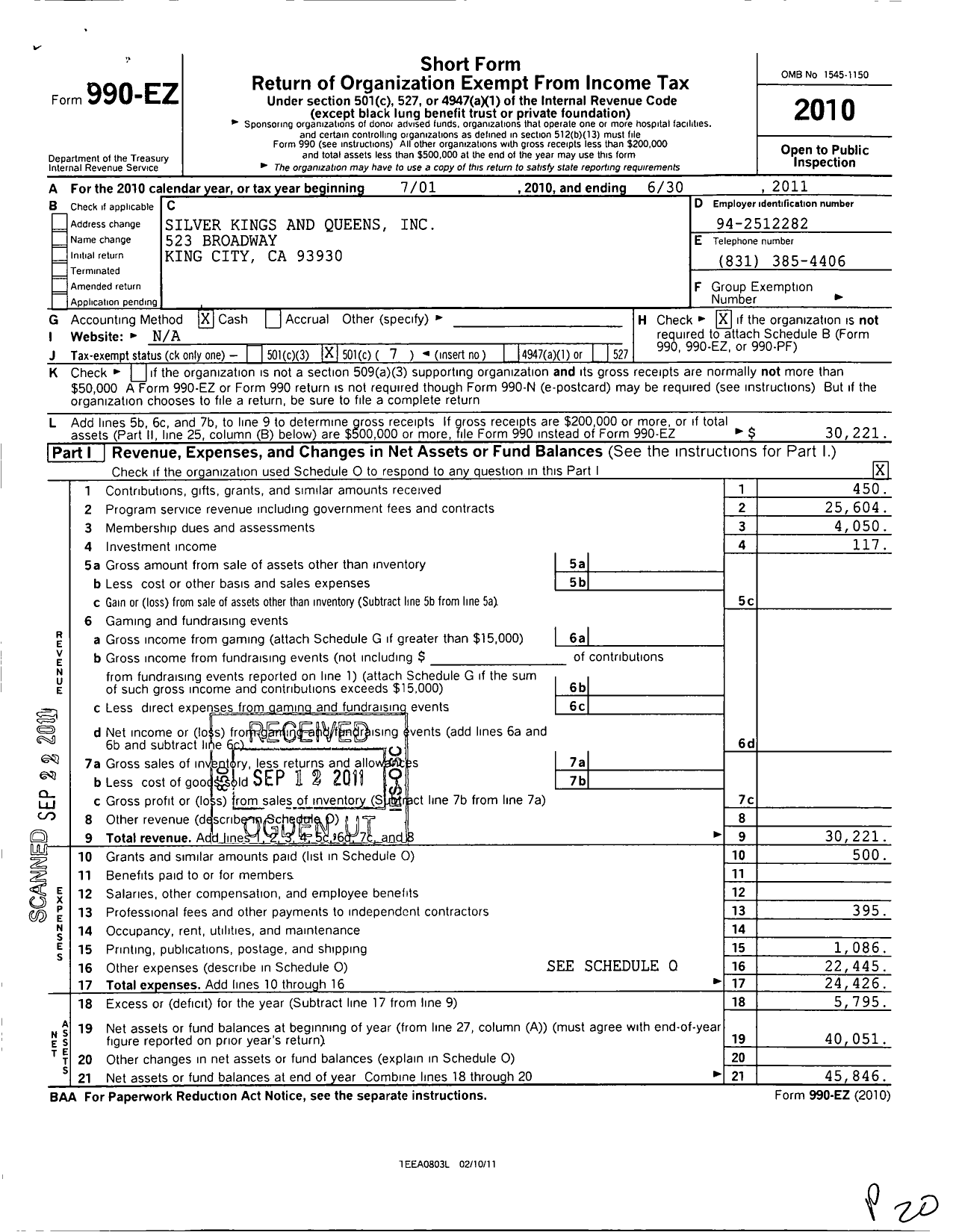 Image of first page of 2010 Form 990EO for Silver Kings and Queens