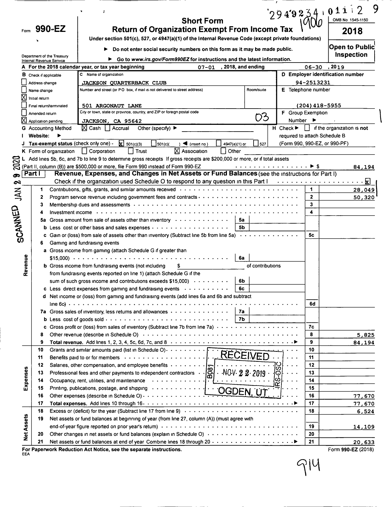 Image of first page of 2018 Form 990EZ for Jackson Quarterback Club