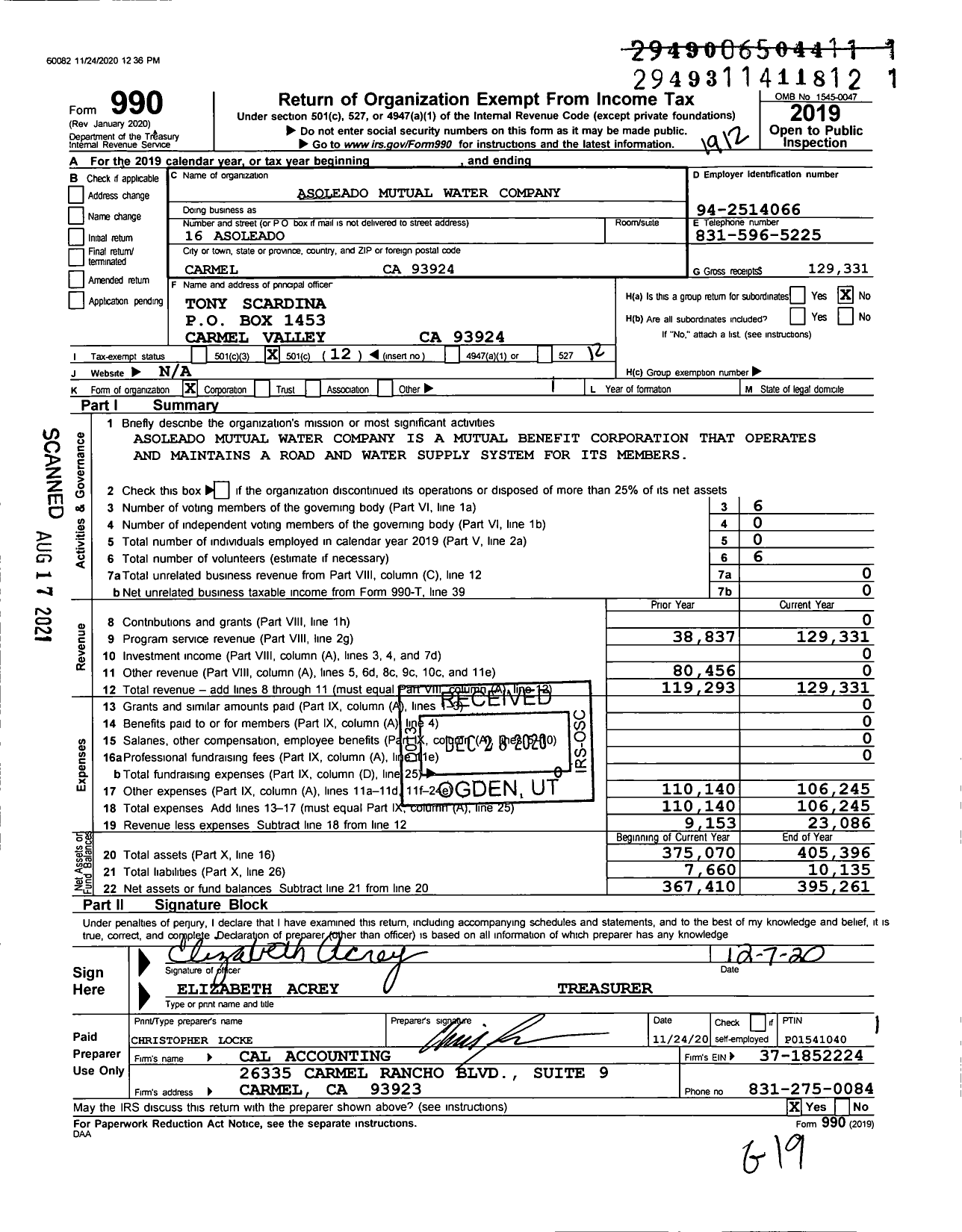 Image of first page of 2019 Form 990O for Asoleado Mutual Water Company