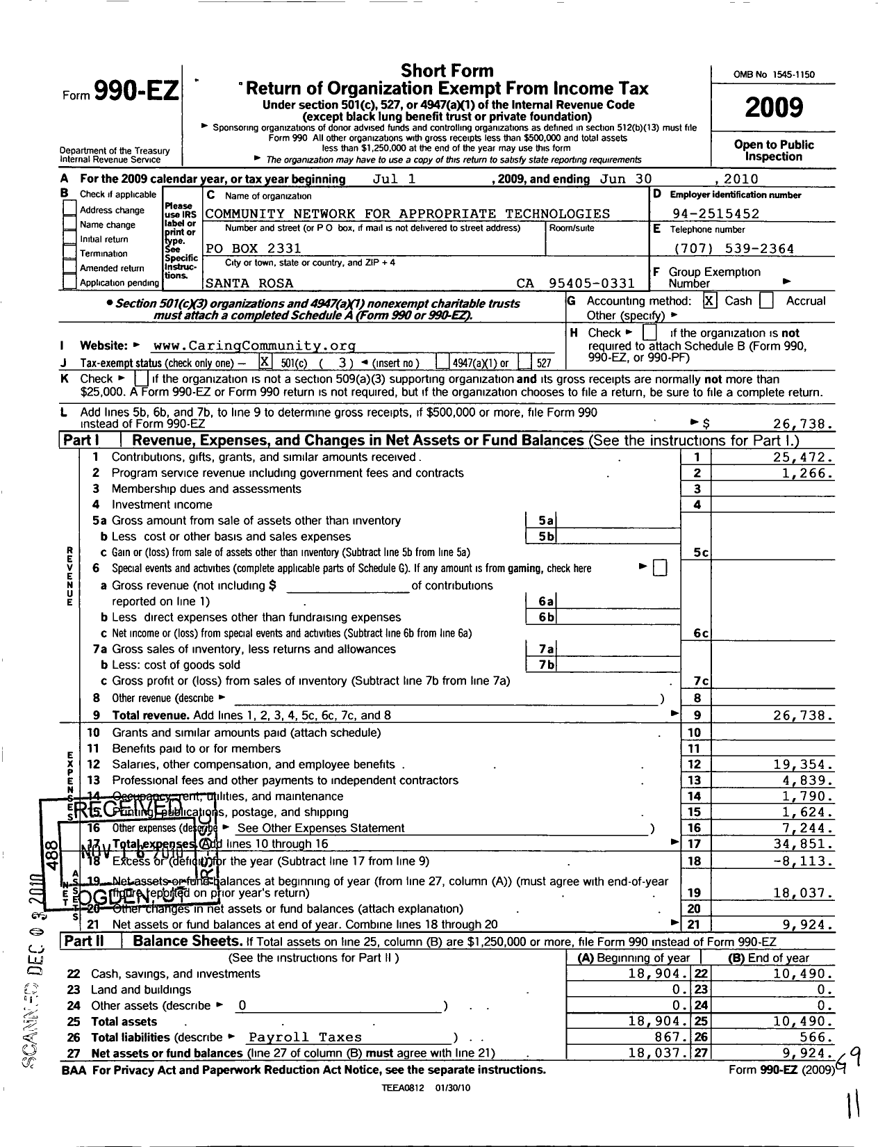 Image of first page of 2009 Form 990EZ for Community Network for Appropriate Technologies