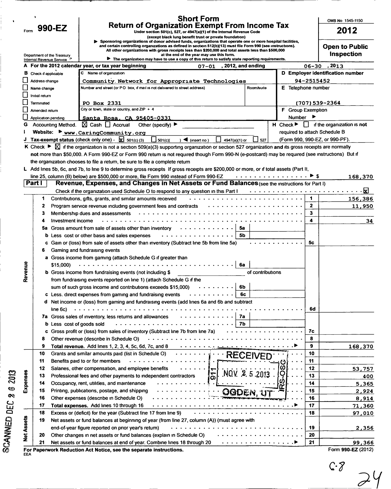 Image of first page of 2012 Form 990EZ for Community Network for Appropriate Technologies