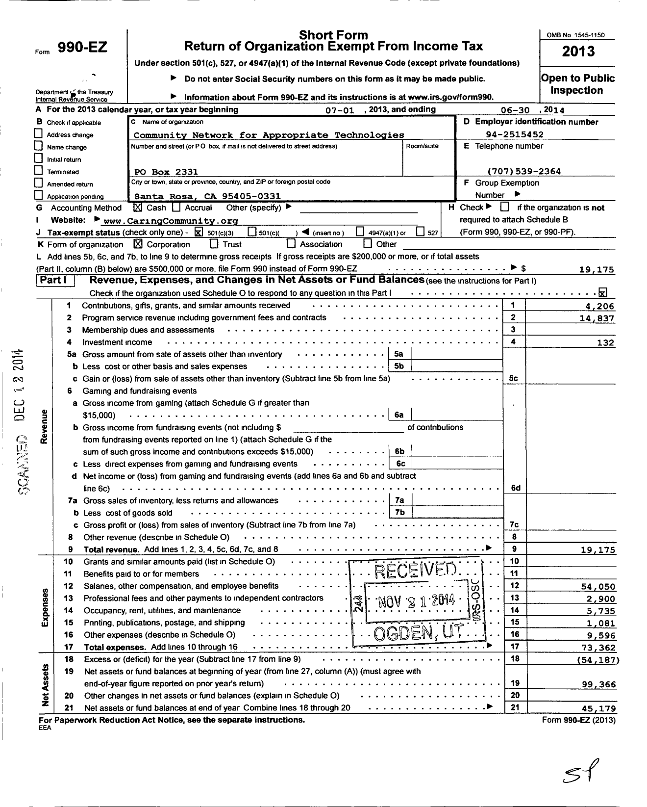 Image of first page of 2013 Form 990EZ for Community Network for Appropriate Technologies