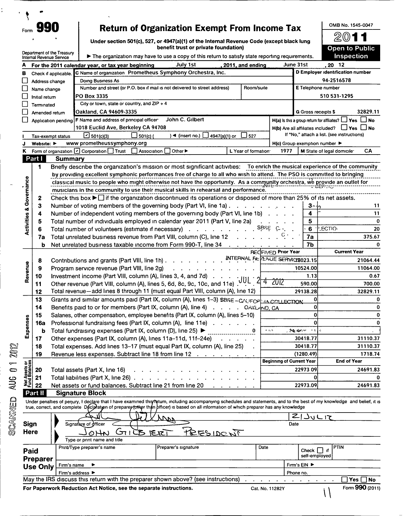 Image of first page of 2011 Form 990 for Prometheus Symphony Orchestra