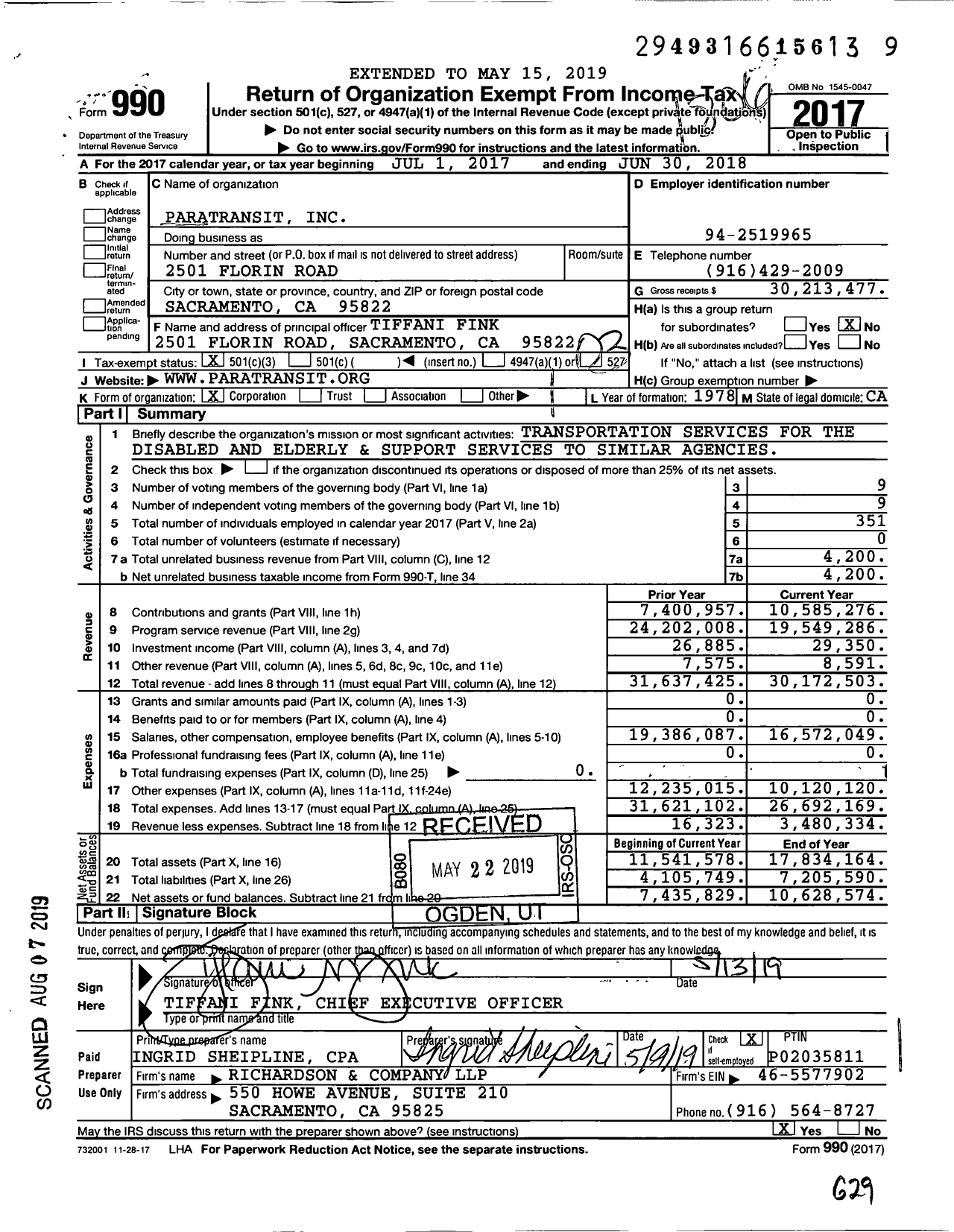 Image of first page of 2017 Form 990 for Paratransit