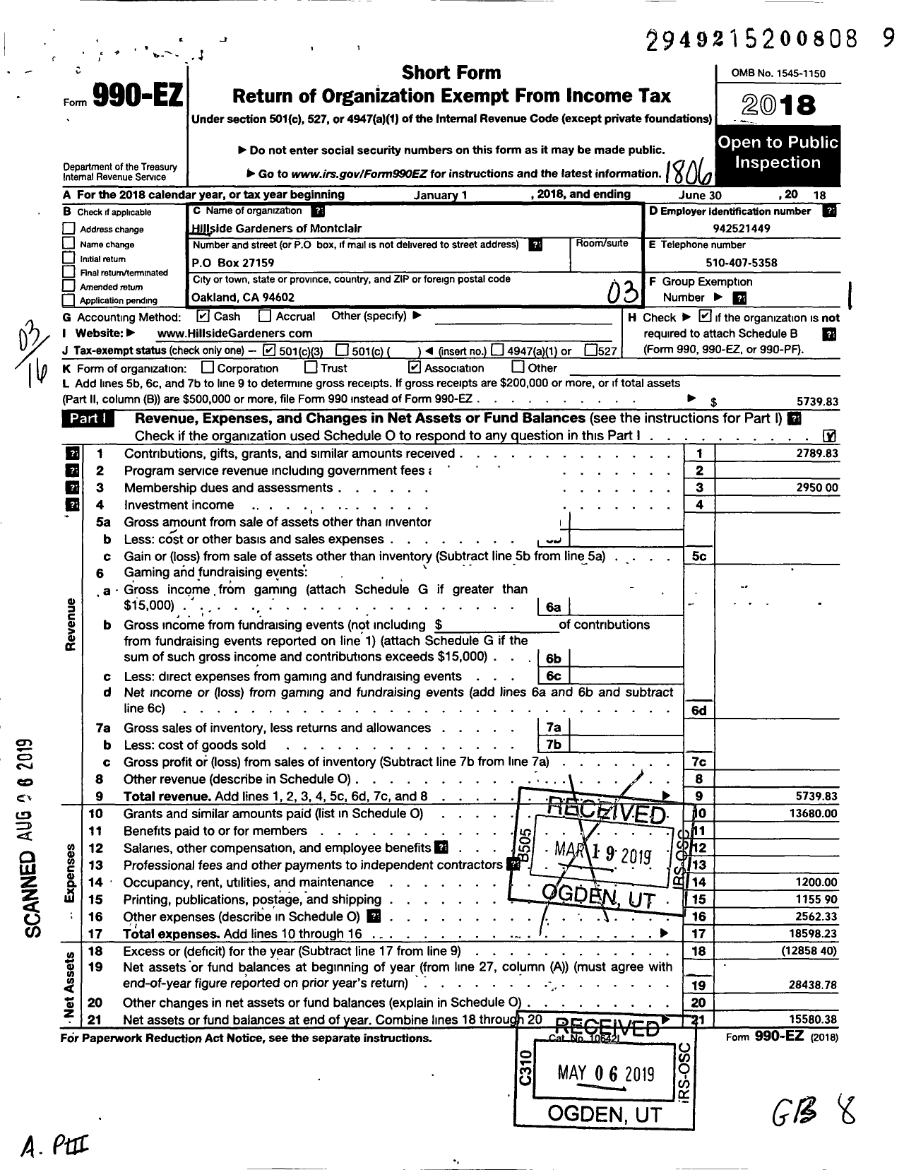 Image of first page of 2017 Form 990EZ for Hillside Gardeners of Montclair