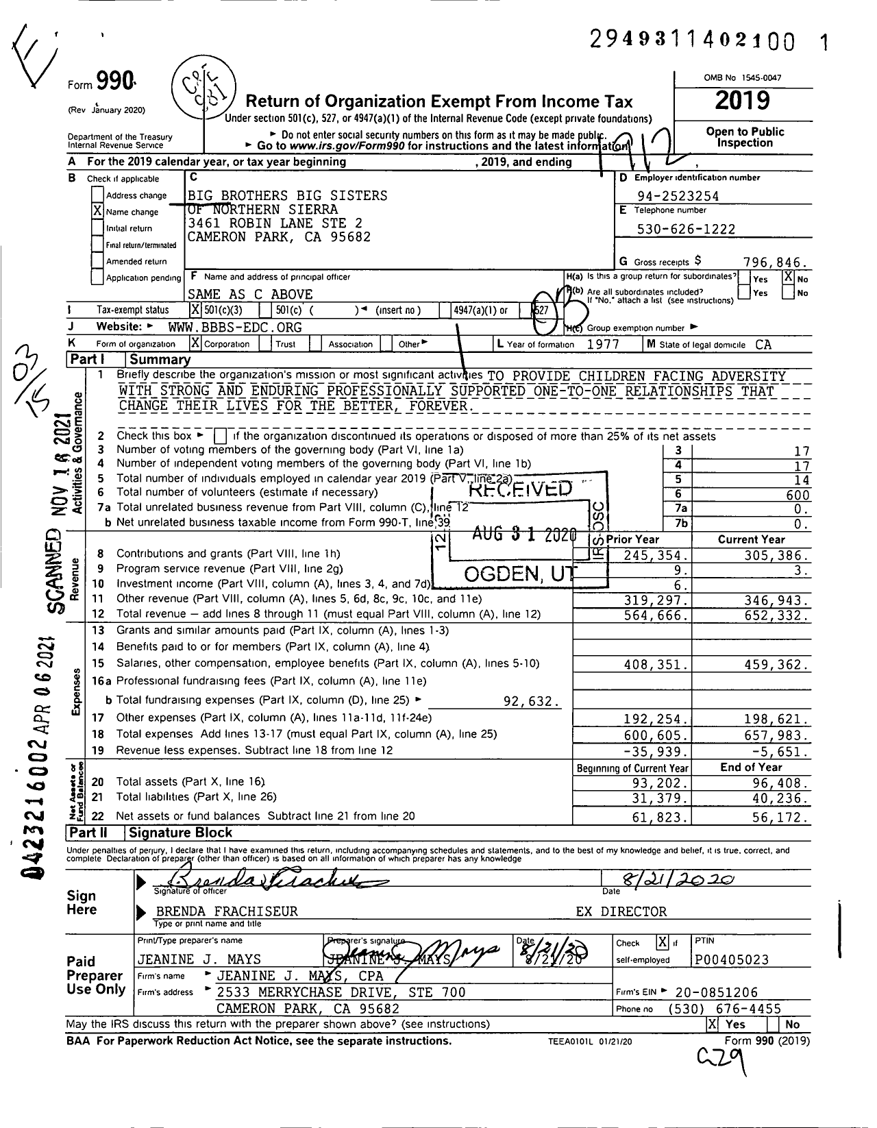 Image of first page of 2019 Form 990 for Big Brothers Big Sisters of Northern Sierra