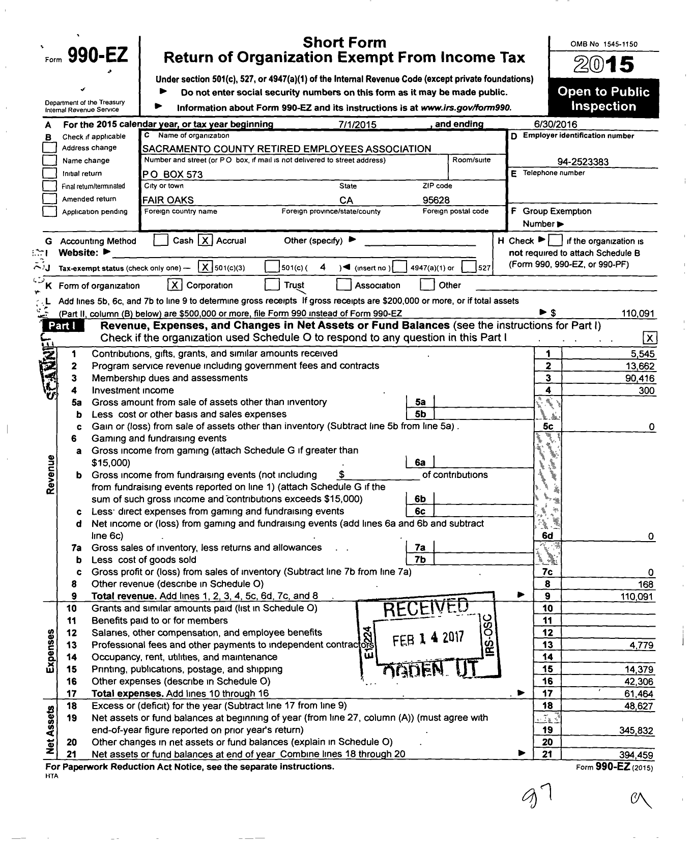 Image of first page of 2015 Form 990EZ for Sacramento County Retired Employees Association