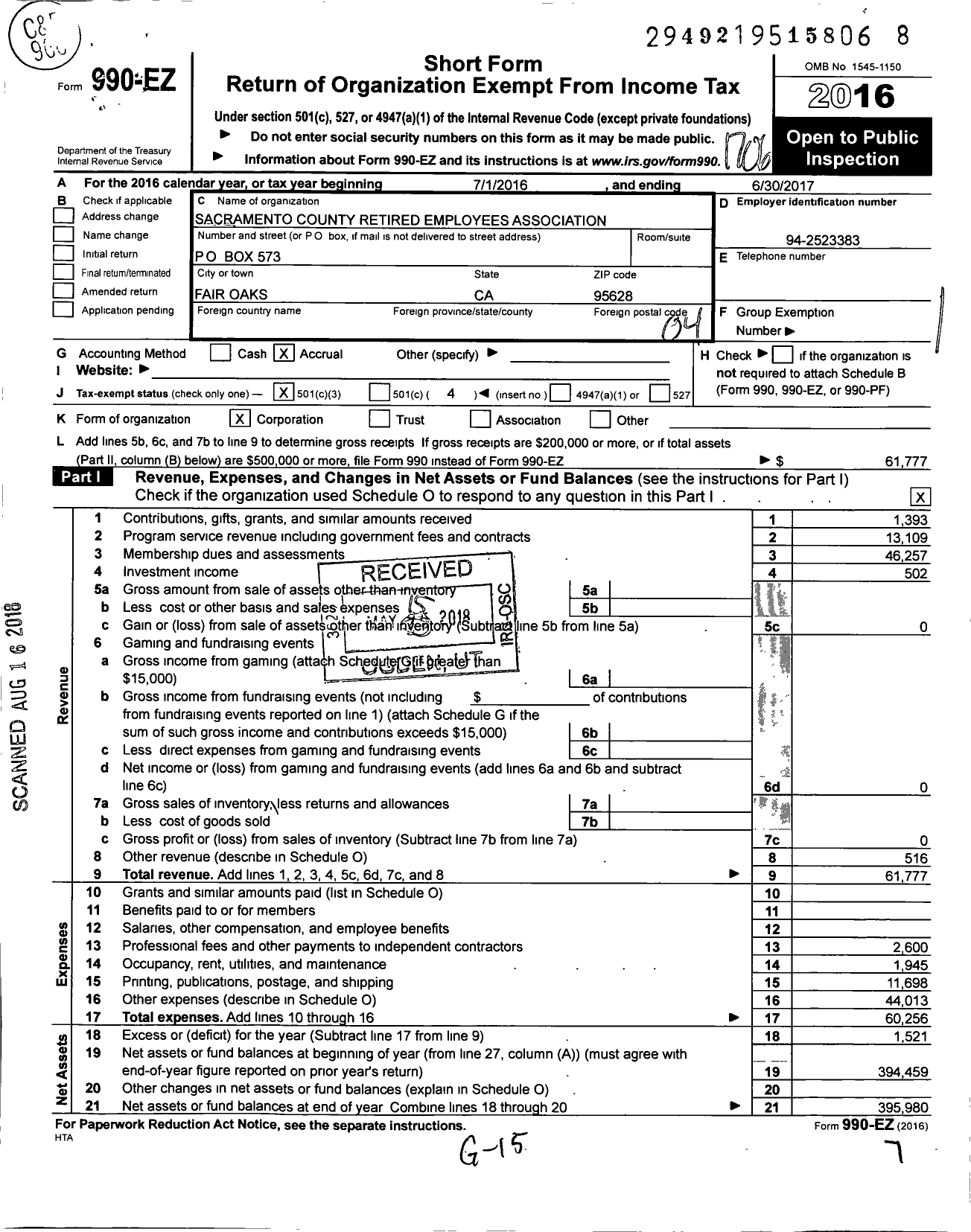 Image of first page of 2016 Form 990EO for Sacramento County Retired Employees Association
