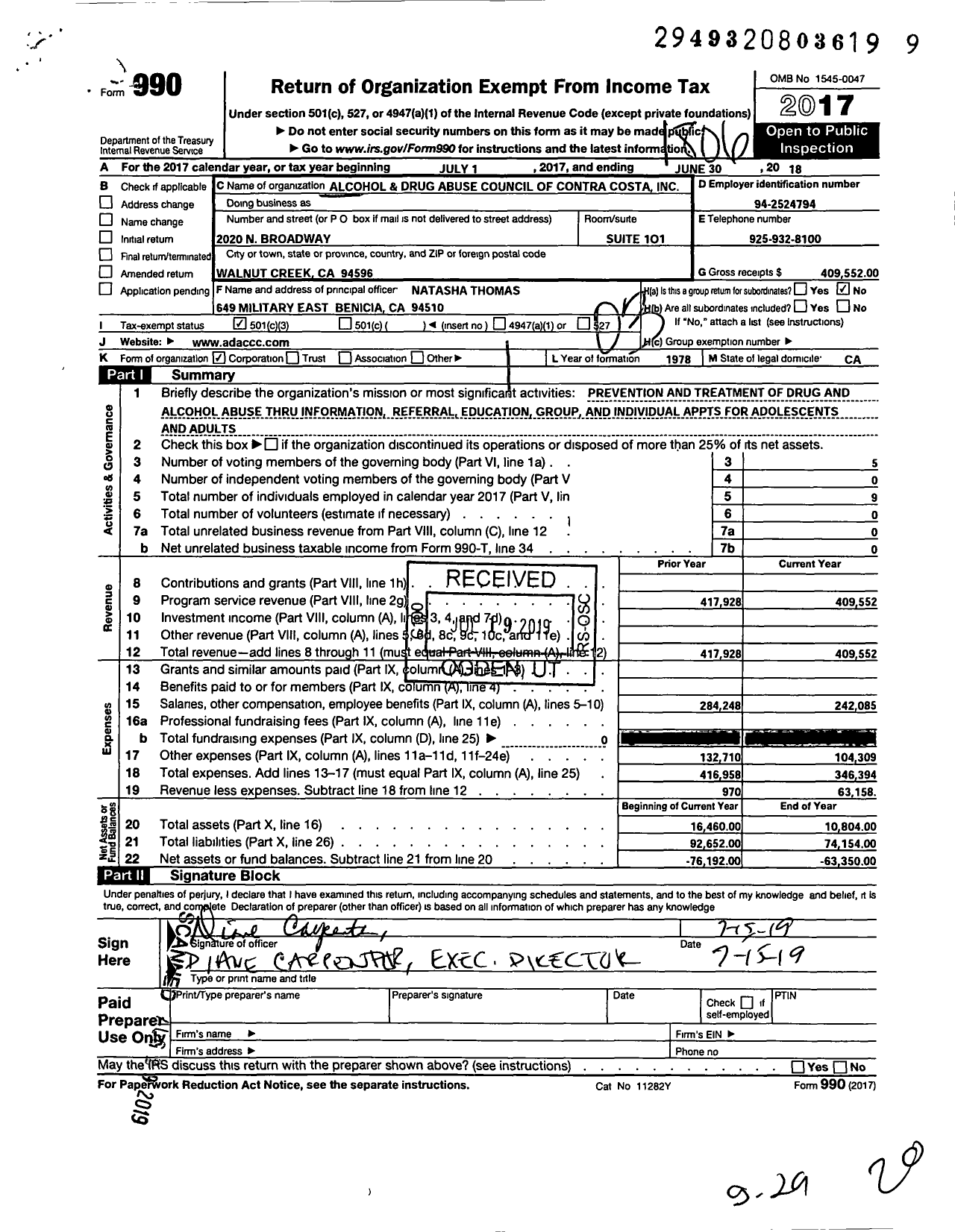 Image of first page of 2017 Form 990 for Alcohol and Drug Abuse Council of Contra Costa