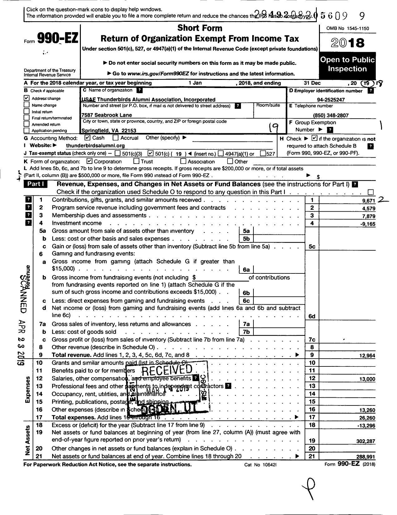 Image of first page of 2018 Form 990EO for Usaf Thunderbirds Alumni Association Incorporated