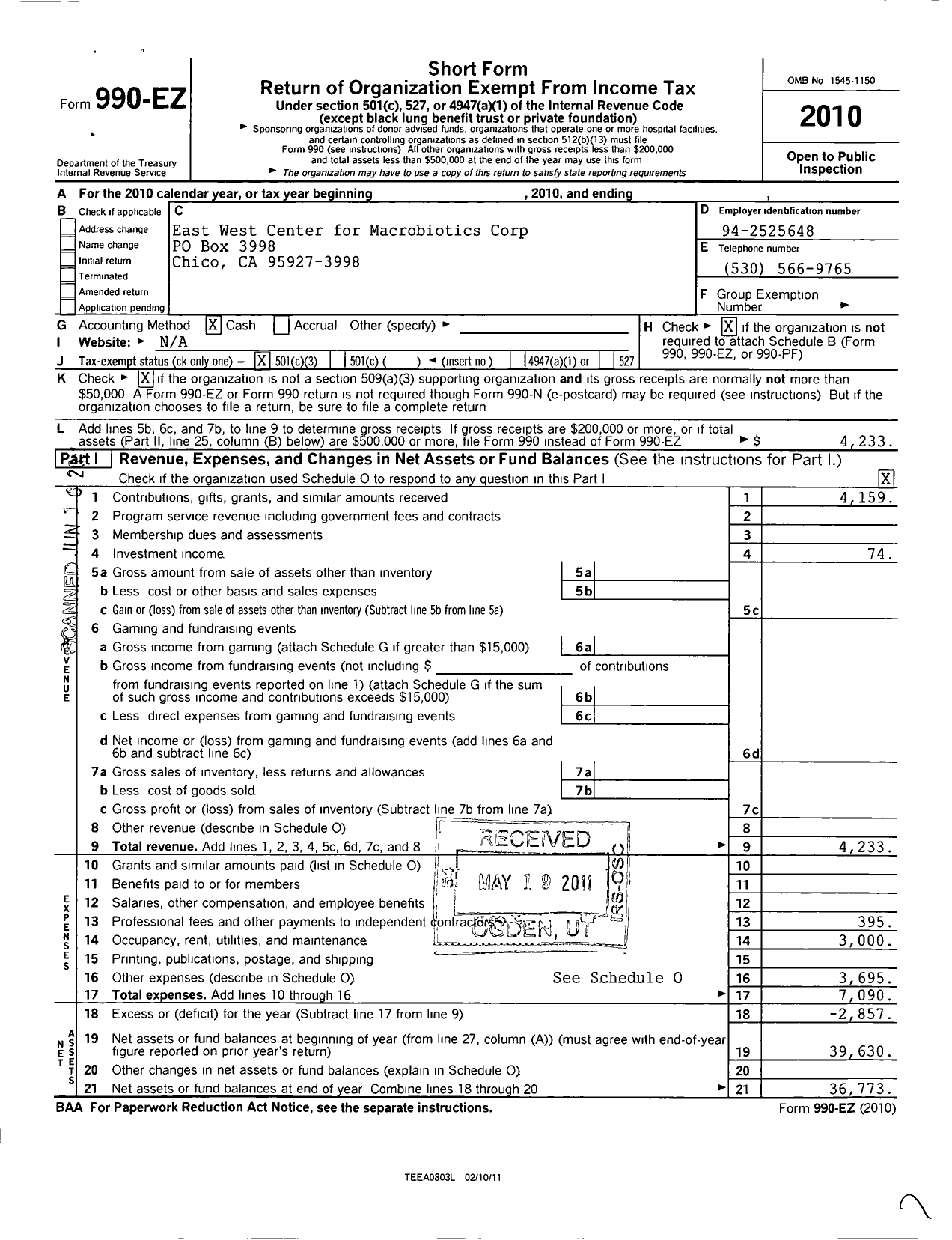 Image of first page of 2010 Form 990EZ for East West Center for Macrobiotics Corp