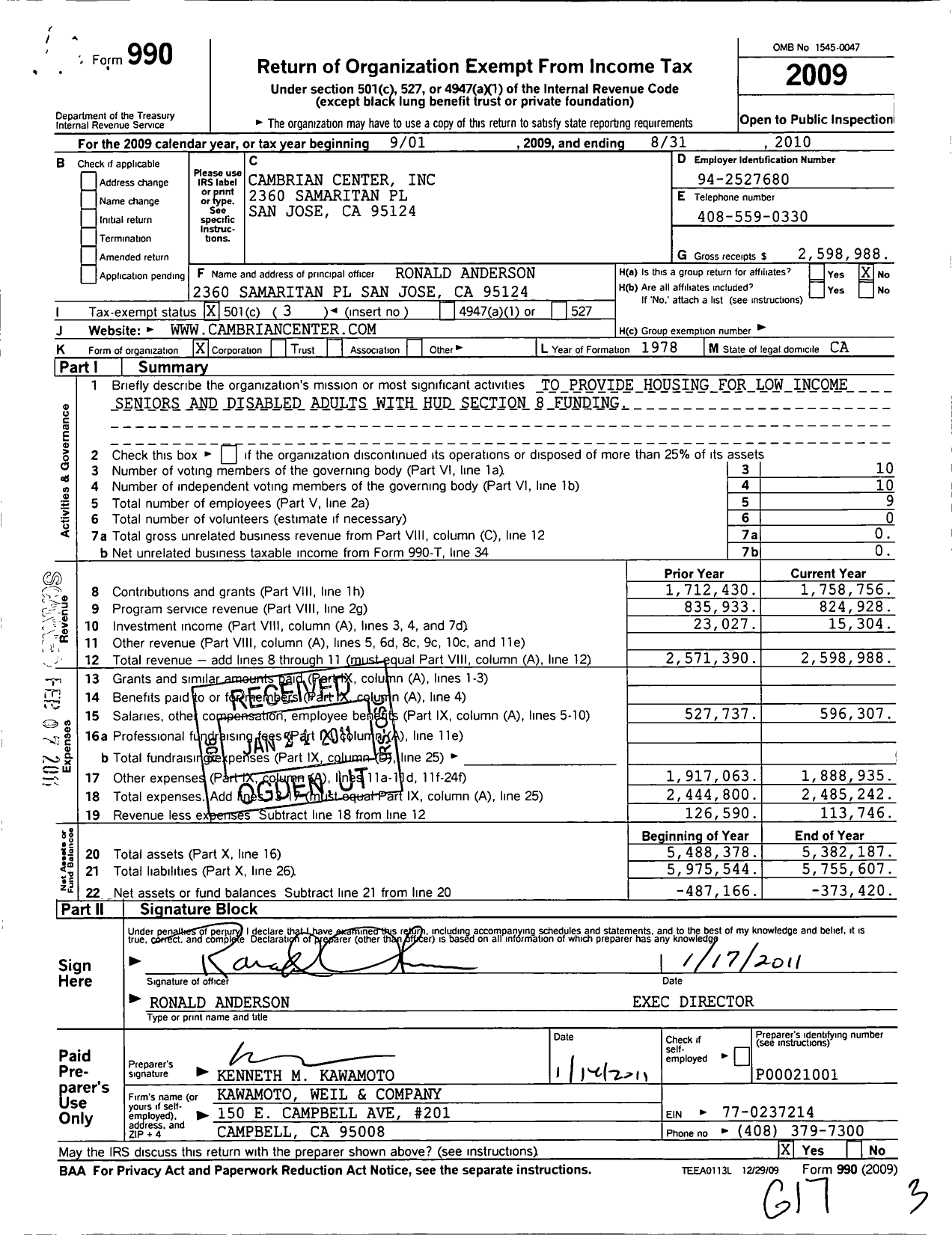 Image of first page of 2009 Form 990 for Cambrian Center