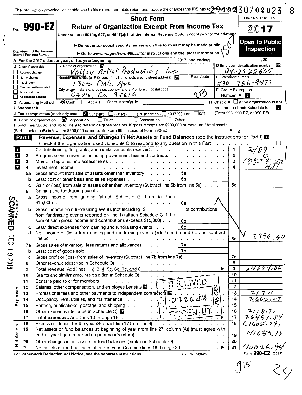 Image of first page of 2017 Form 990EZ for Valley Artist Productions