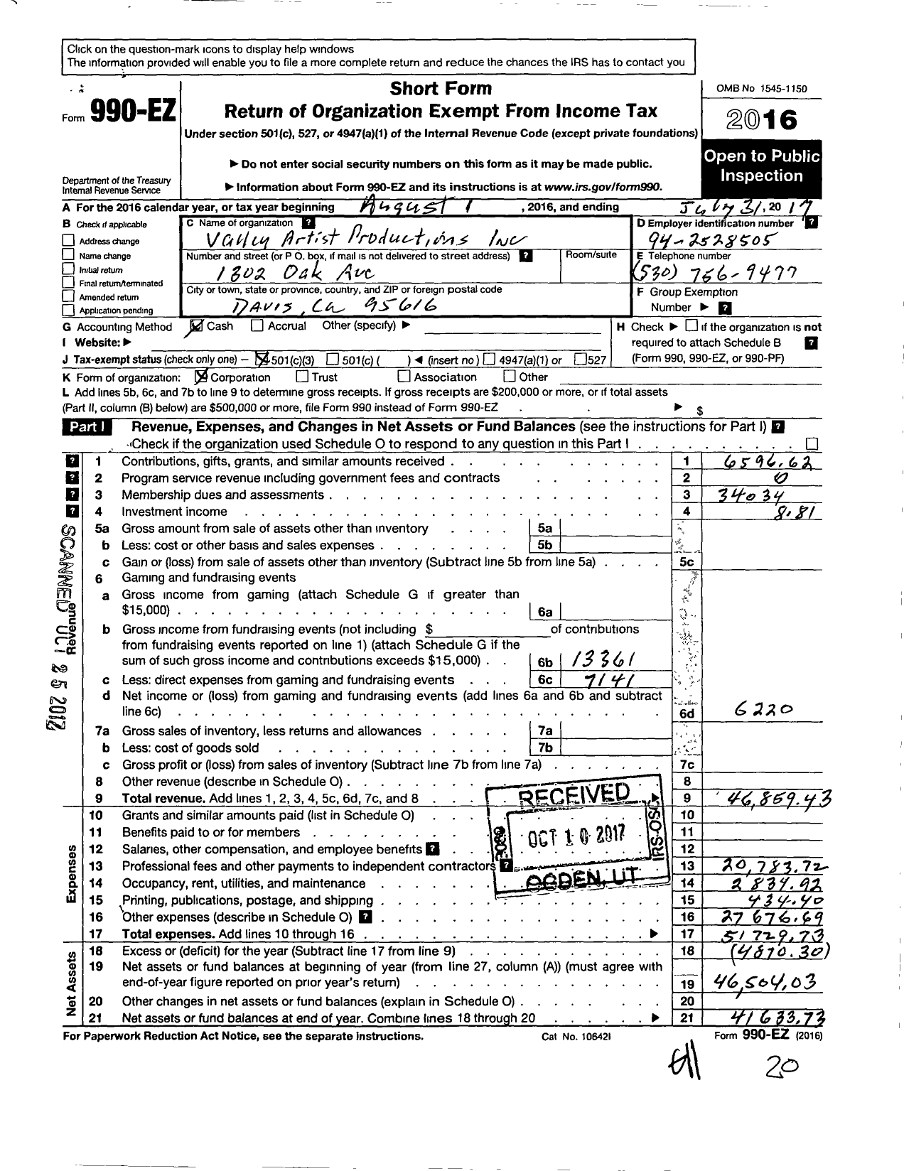 Image of first page of 2016 Form 990EZ for Valley Artist Productions