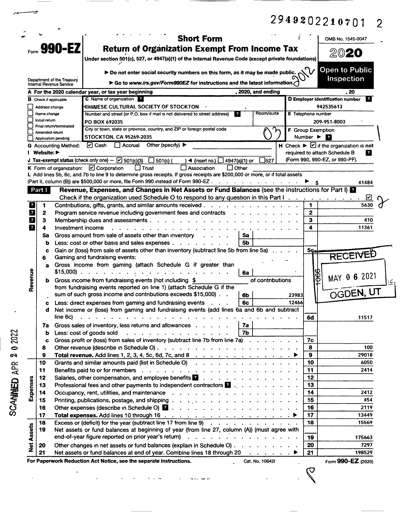 Image of first page of 2020 Form 990EZ for Chinese Cultural Society of Stockton