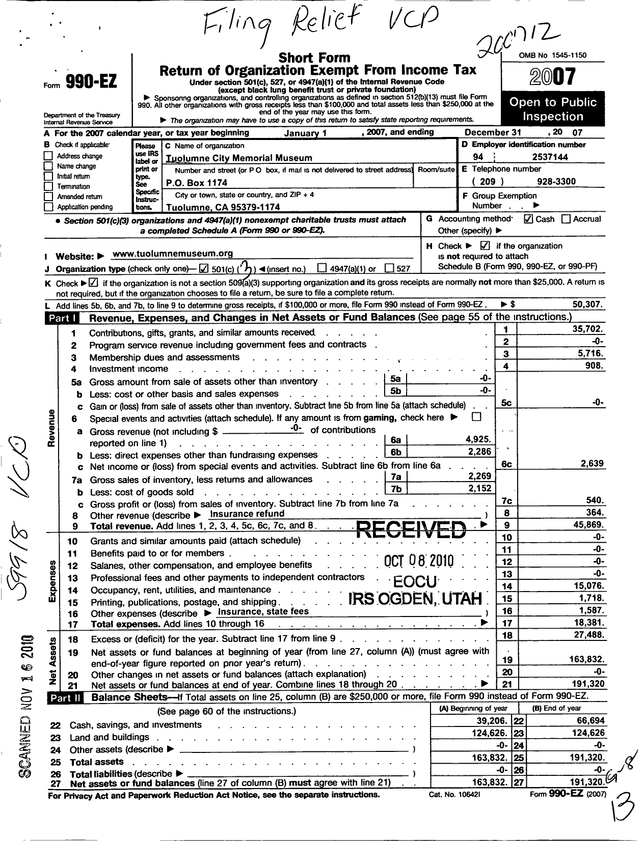 Image of first page of 2007 Form 990EZ for Tuolumne City Memorial Museum