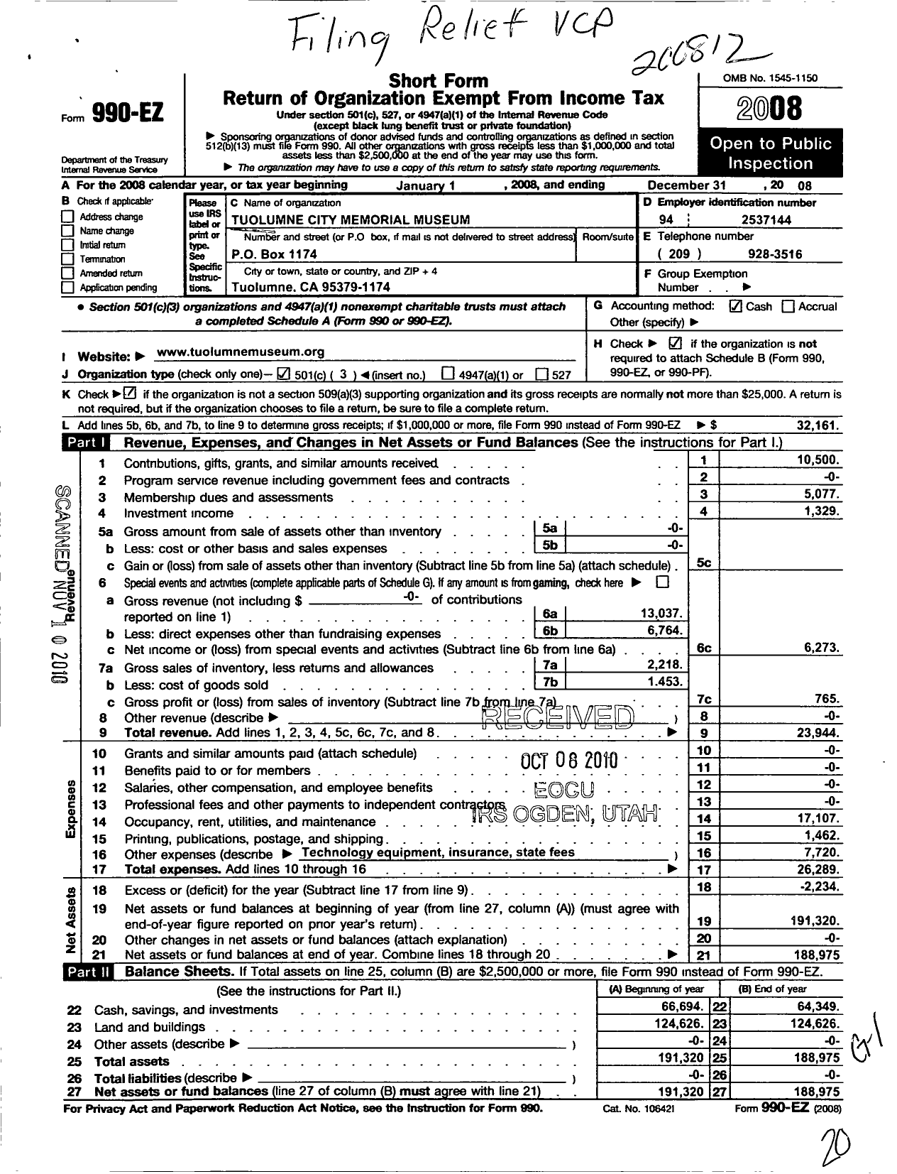 Image of first page of 2008 Form 990EZ for Tuolumne City Memorial Museum