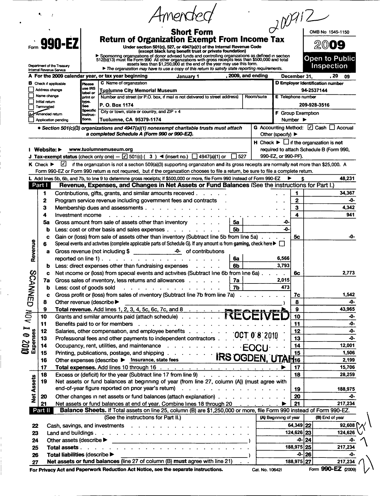 Image of first page of 2009 Form 990EZ for Tuolumne City Memorial Museum