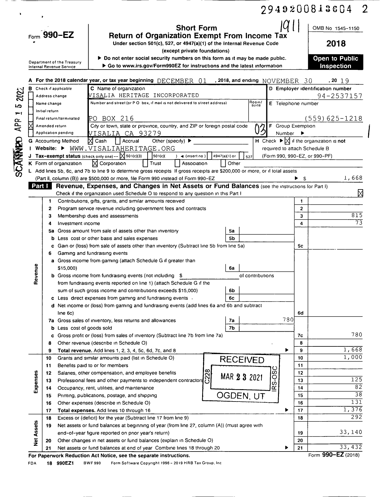 Image of first page of 2018 Form 990EZ for Visalia Heritage Incorporated