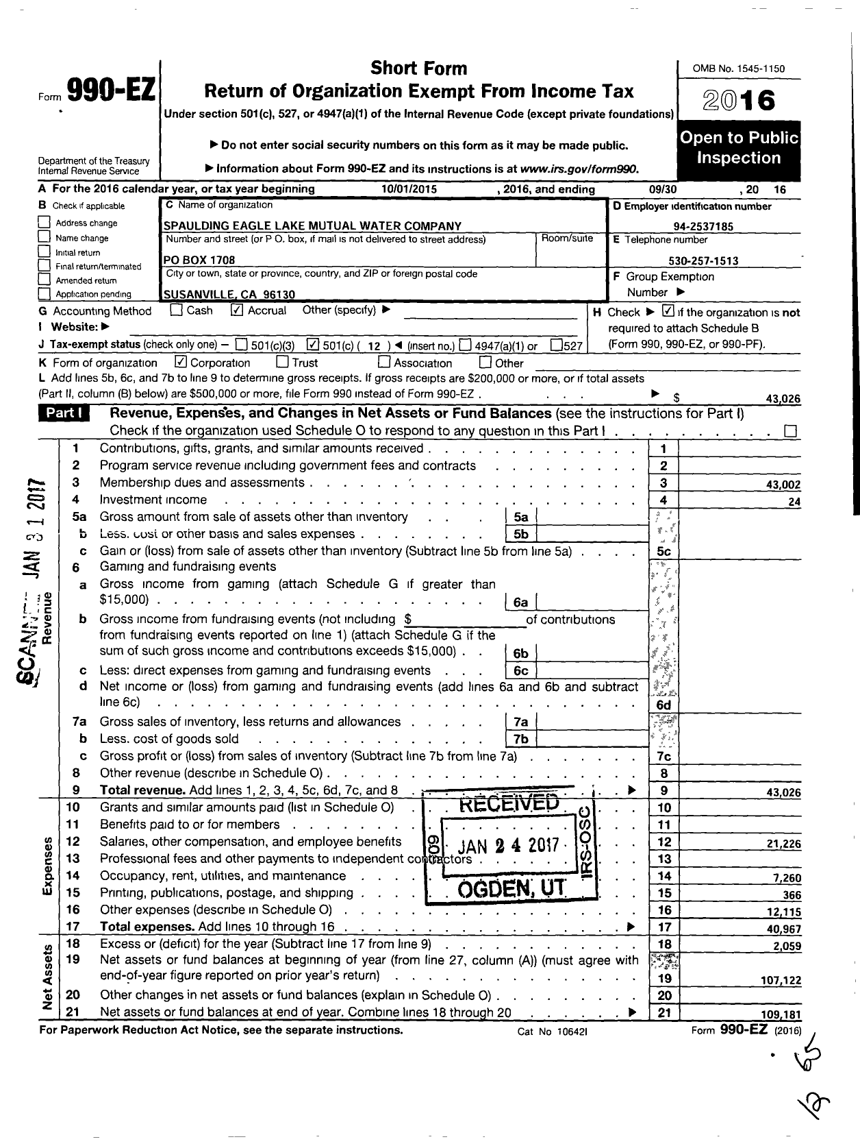 Image of first page of 2015 Form 990EO for Spaulding Eagle Lake Mutual Water Company