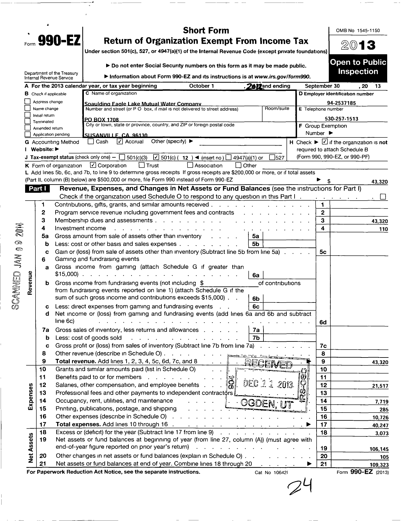 Image of first page of 2012 Form 990EO for Spaulding Eagle Lake Mutual Water Company