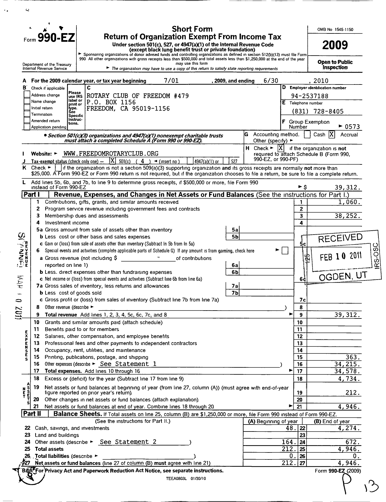 Image of first page of 2009 Form 990EO for Rotary International - Freedom
