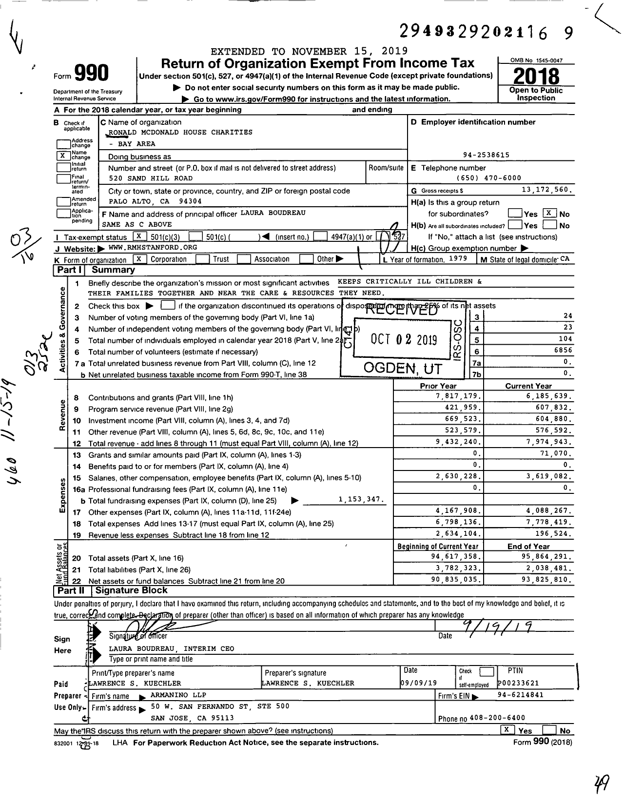 Image of first page of 2018 Form 990 for Ronald Mcdonald House Charities - Bay Area