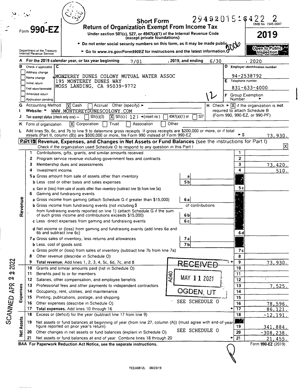 Image of first page of 2019 Form 990EO for Monterey Dunes Colony Mutual Water Association