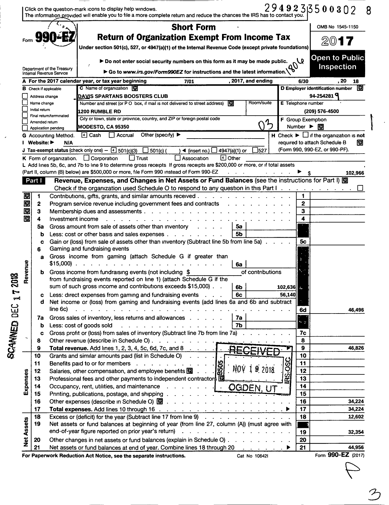 Image of first page of 2017 Form 990EZ for Davis Spartans Boosters Club