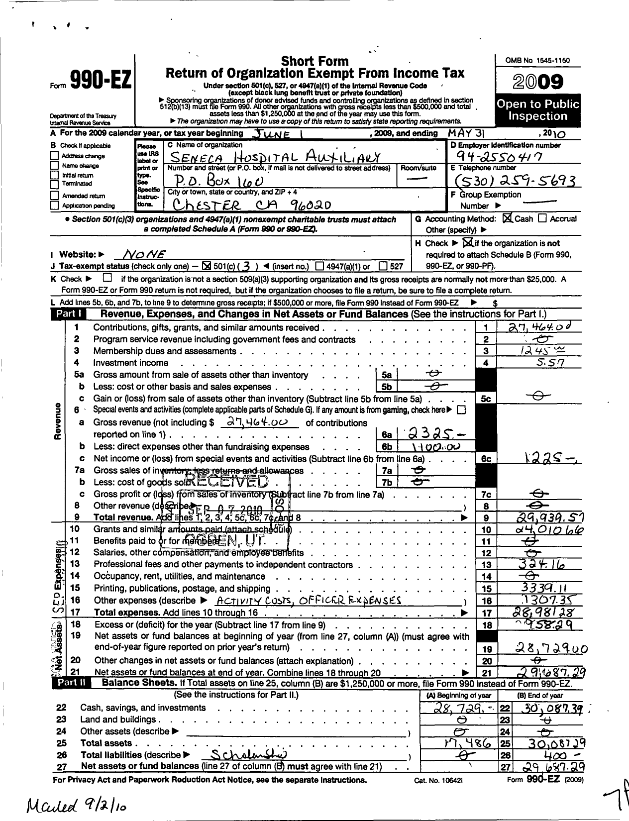 Image of first page of 2009 Form 990EZ for Seneca Hospital Auxiliary