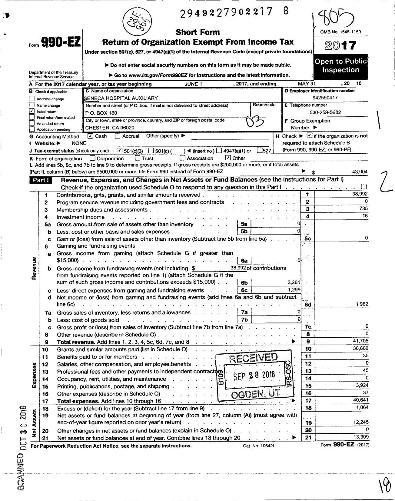 Image of first page of 2017 Form 990EZ for Seneca Hospital Auxiliary