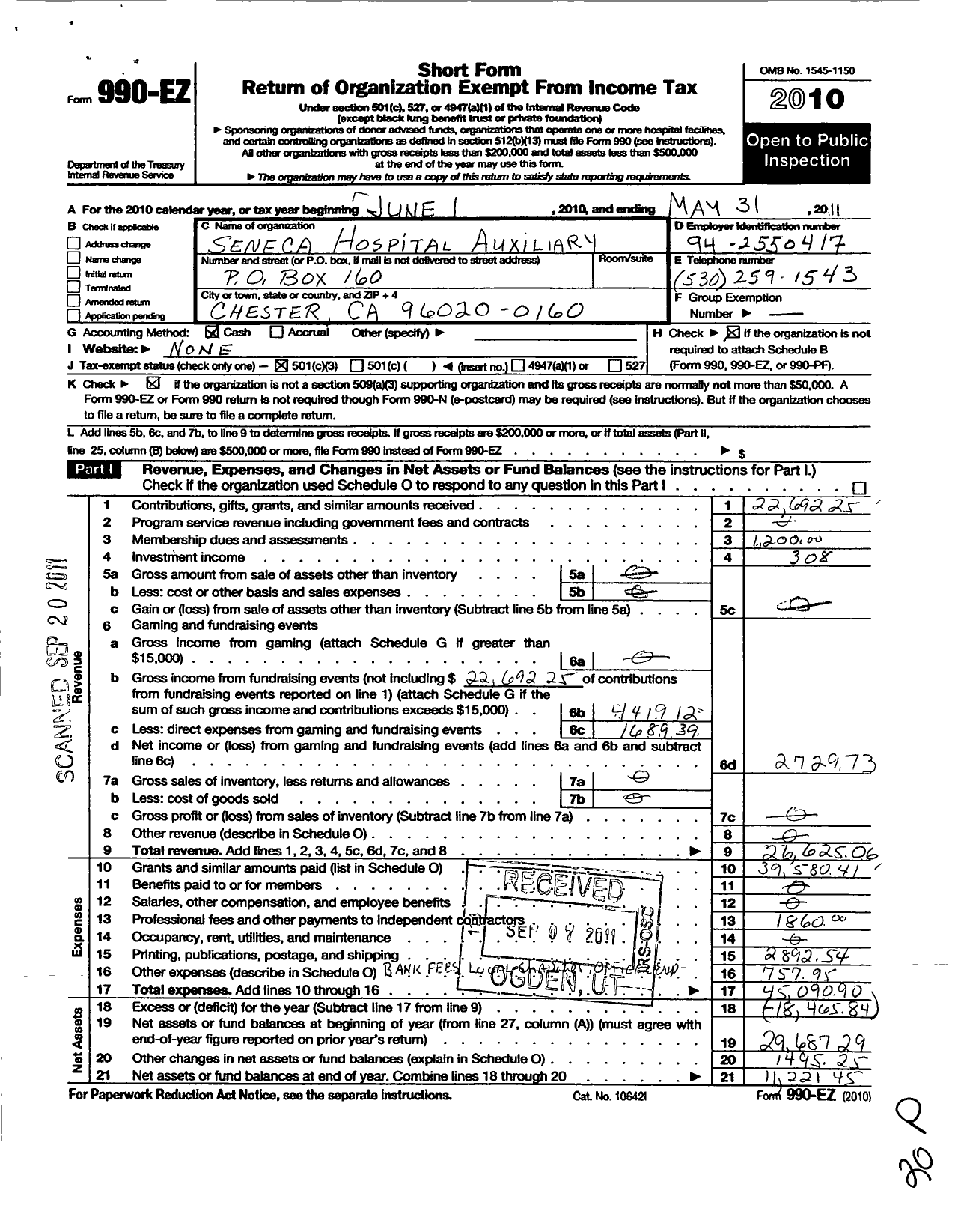 Image of first page of 2010 Form 990EZ for Seneca Hospital Auxiliary