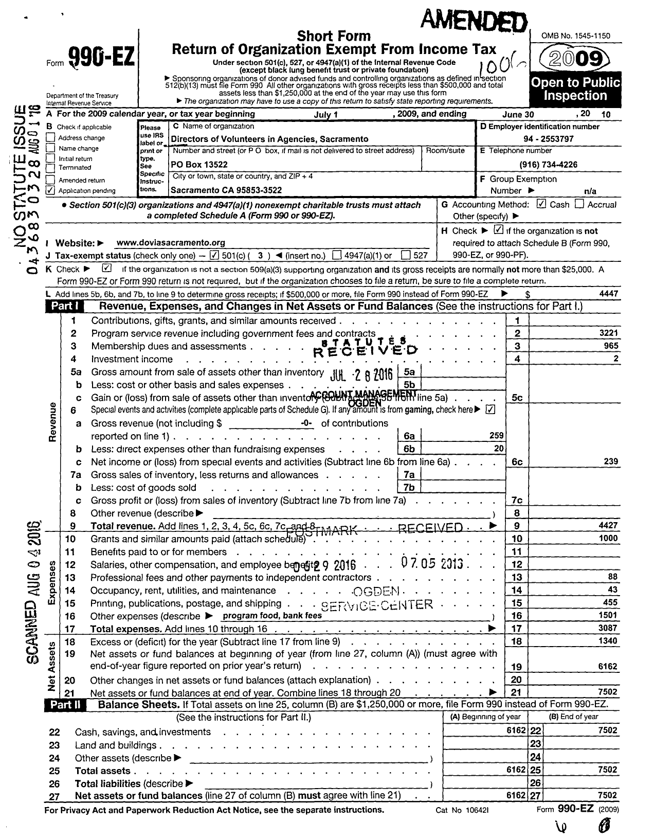 Image of first page of 2009 Form 990EZ for Directors of Volunteers in Agencies Sacramento