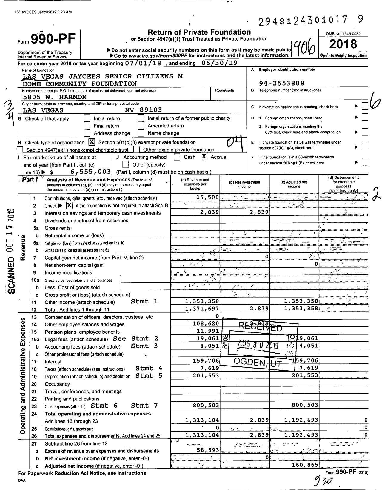 Image of first page of 2018 Form 990PF for Las Vegas Jaycees Senior Citizens M Home Community Foundation