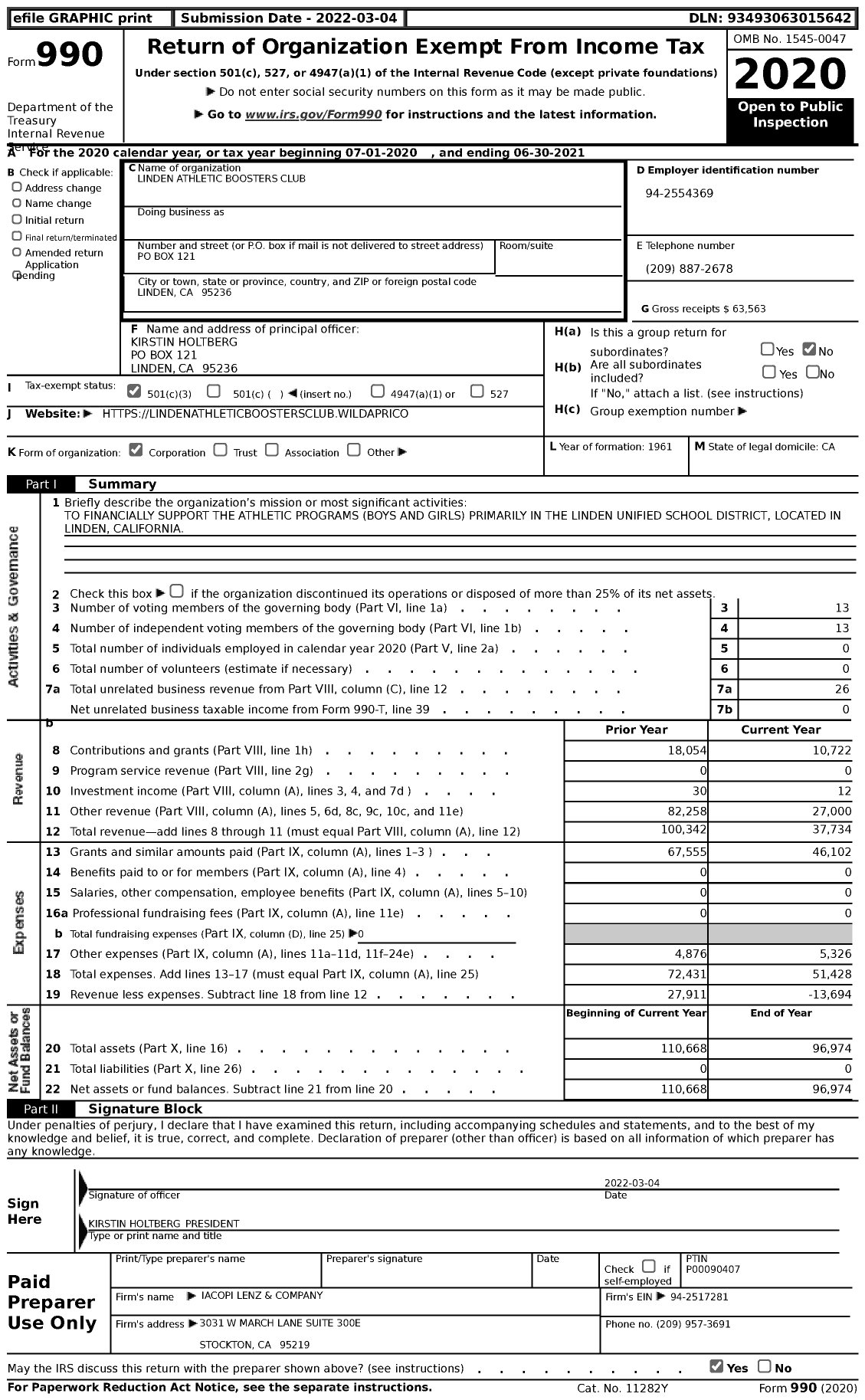 Image of first page of 2020 Form 990 for Linden Athletic Boosters Club