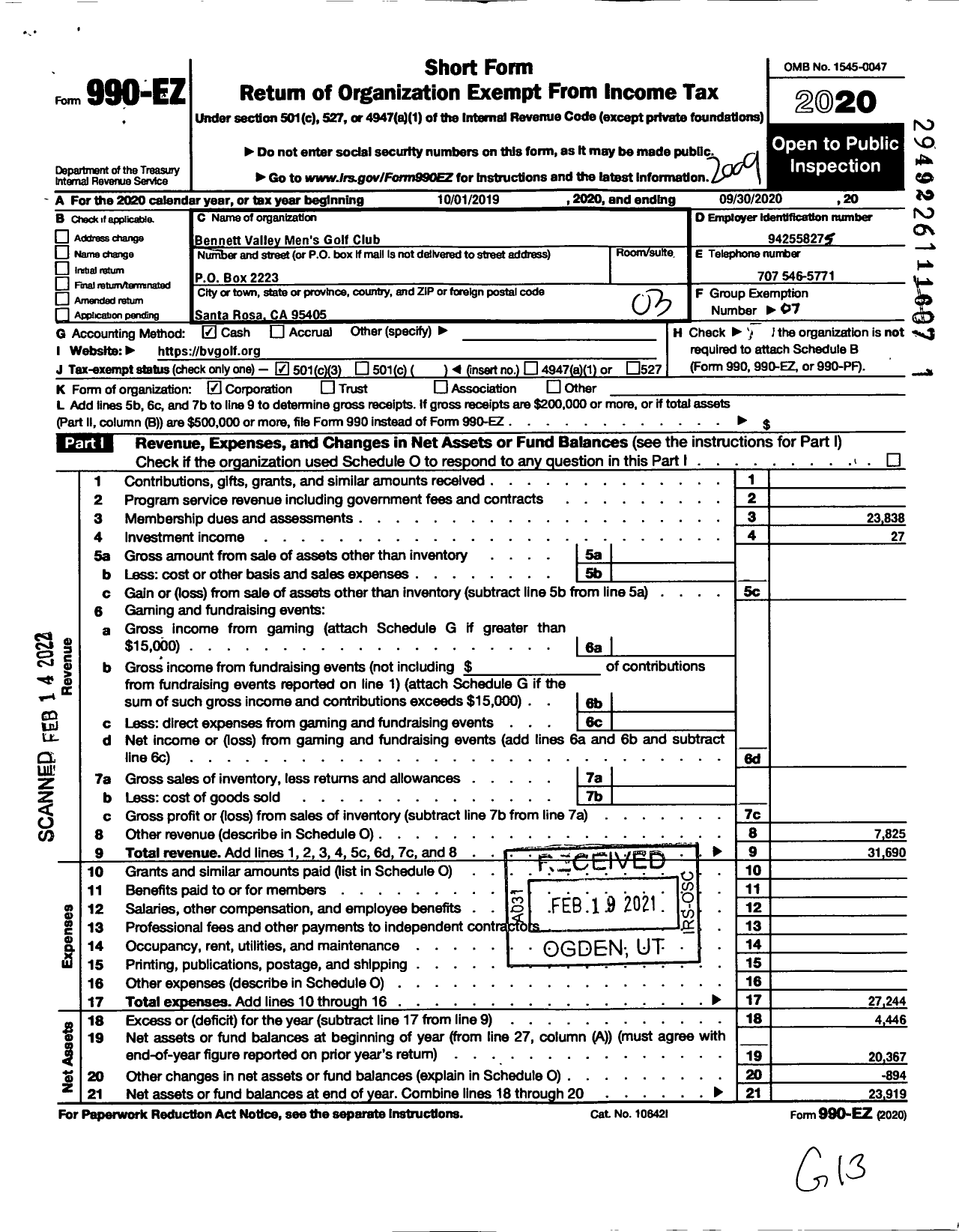 Image of first page of 2019 Form 990EZ for Bennett Valley Mens Golf Club