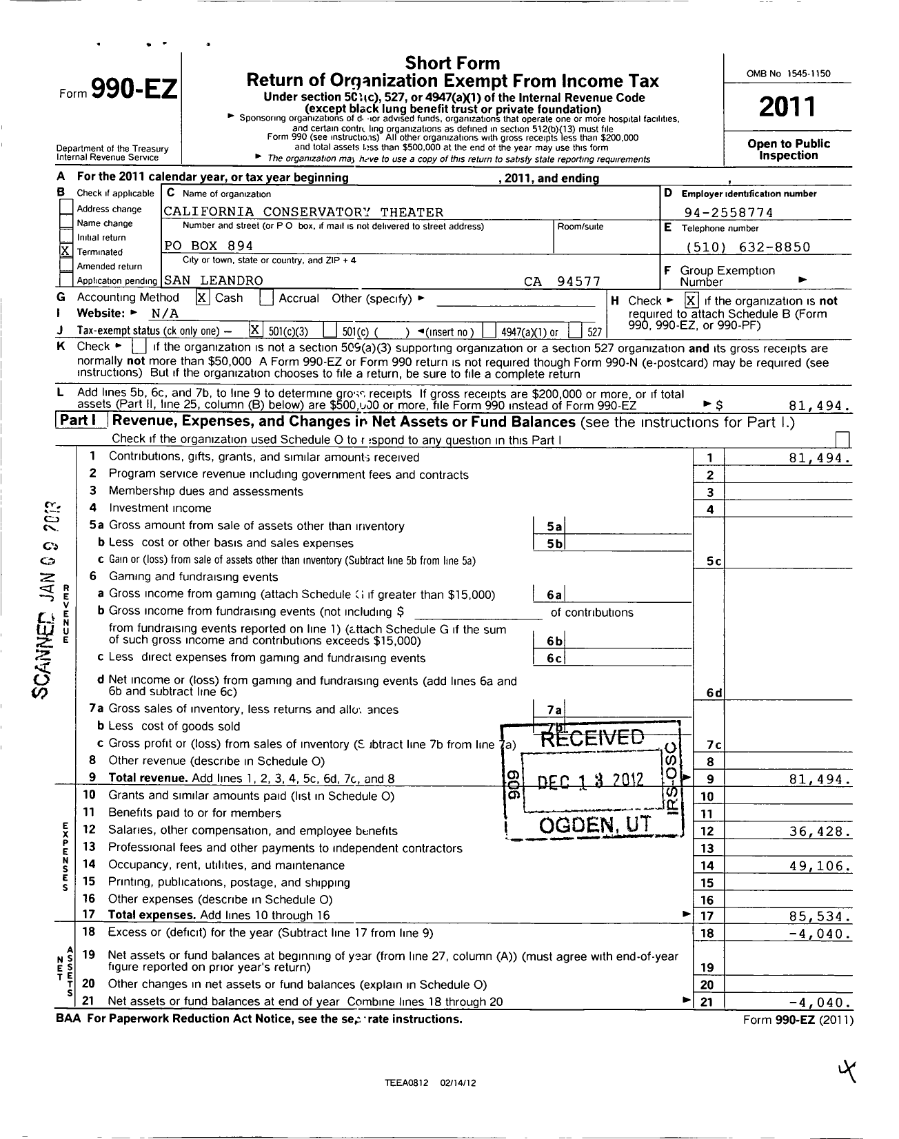 Image of first page of 2011 Form 990EZ for California Conservatory Theater