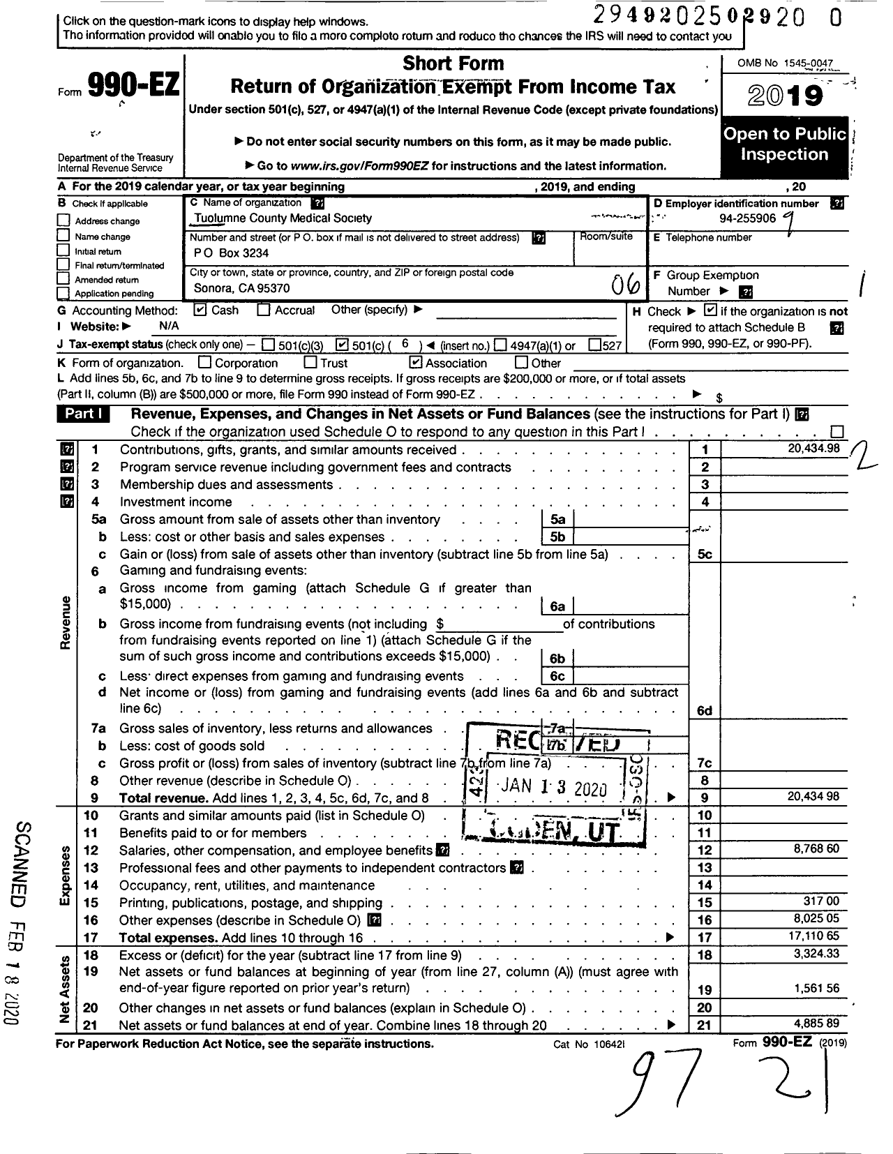 Image of first page of 2019 Form 990EO for Tuolumne County Medical Society
